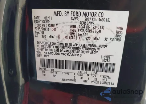 2012 Ford Escape Xlt z USA, uszkodzony, nr VIN 1FMCU9D79CKA89018